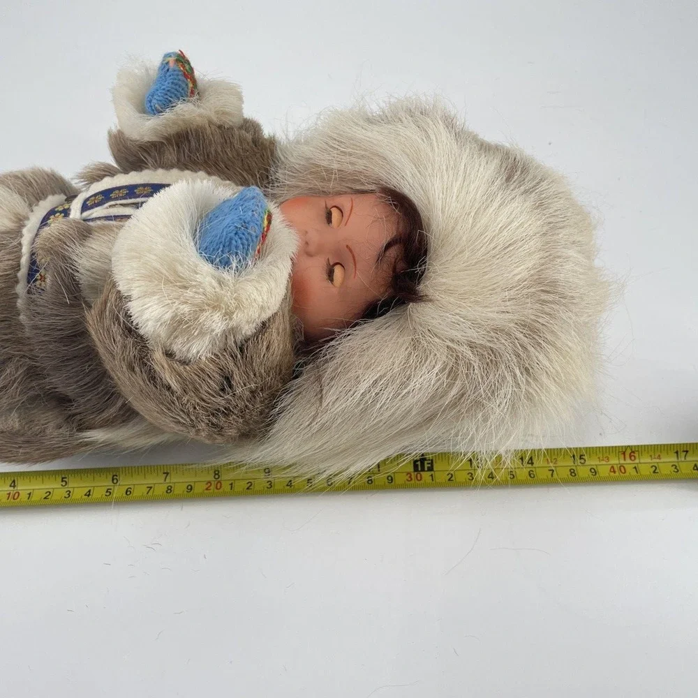 Vintage Inuit Eskimo Doll Faux Fur Parka Moccasins Blue Embroidered Trim 12 Inch